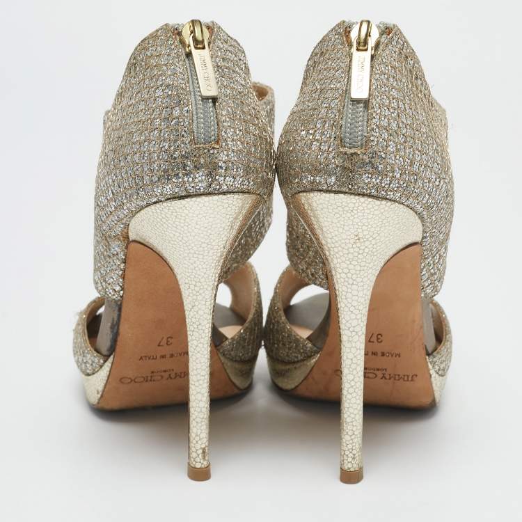 Pre Owned Jimmy Choo Metallic Silver Glitter Private Platform Sandals Size 37