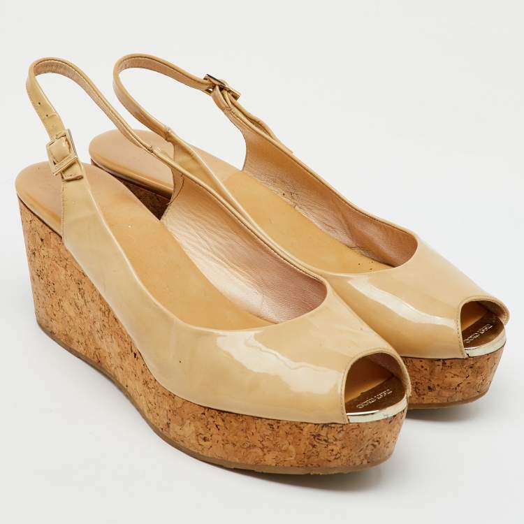 Pre Owned Jimmy Choo Beige Patent Leather Prova Cork Platform Wedge Pumps Size 41