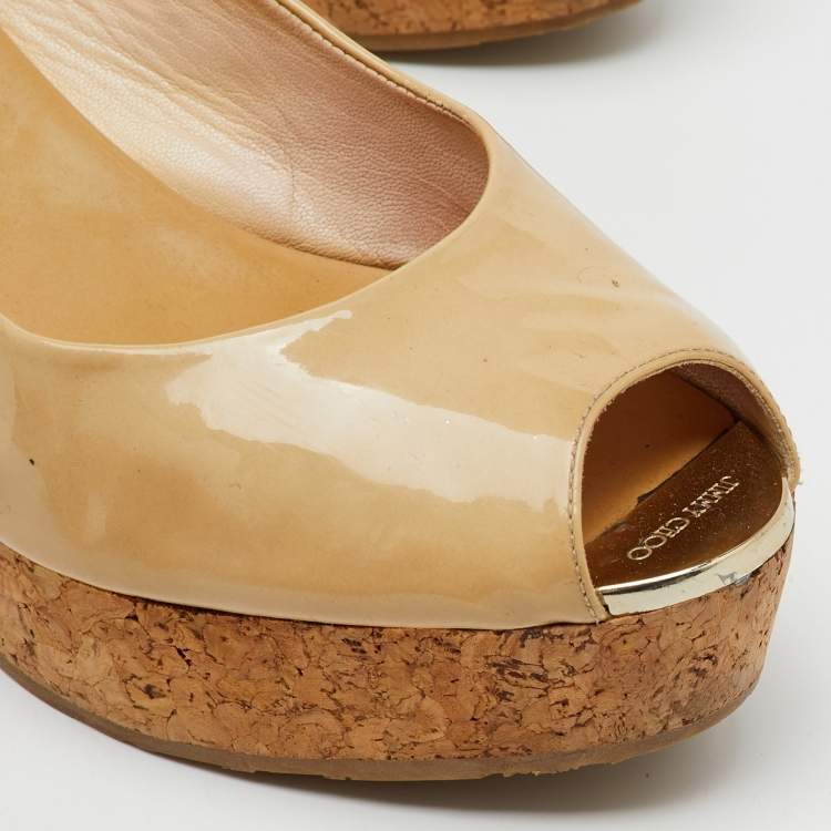 Pre Owned Jimmy Choo Beige Patent Leather Prova Cork Platform Wedge Pumps Size 41