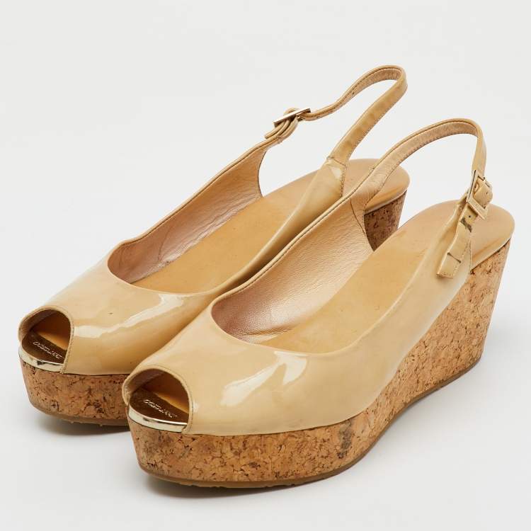 Pre Owned Jimmy Choo Beige Patent Leather Prova Cork Platform Wedge Pumps Size 41