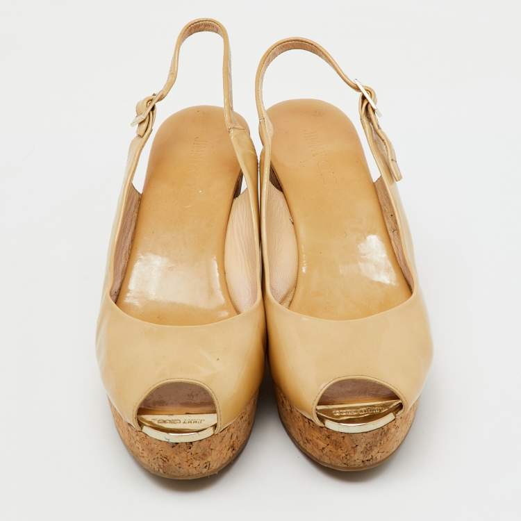 Pre Owned Jimmy Choo Beige Patent Leather Prova Cork Platform Wedge Pumps Size 41