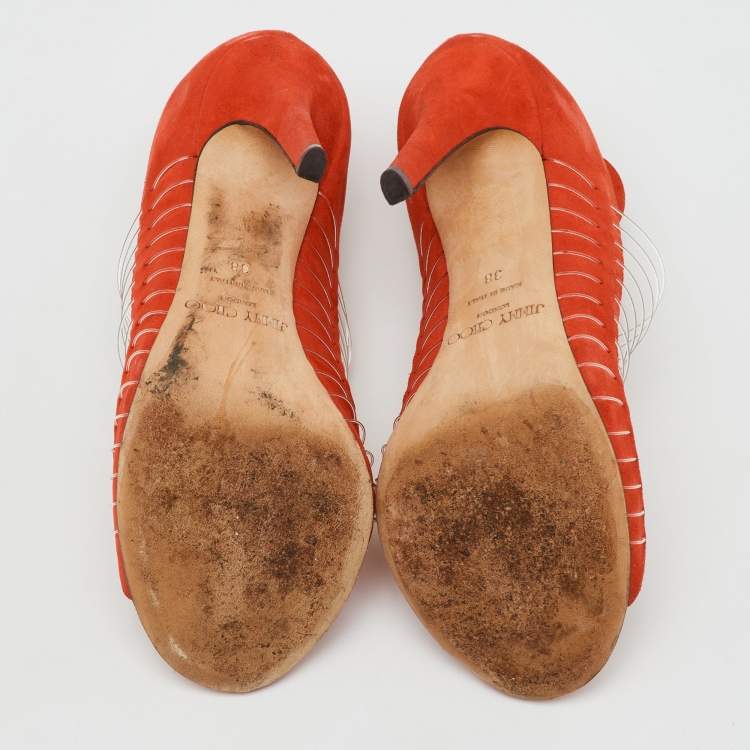 Pre Owned Jimmy Choo Orange Suede and Wire T-Strap Pumps Size 38