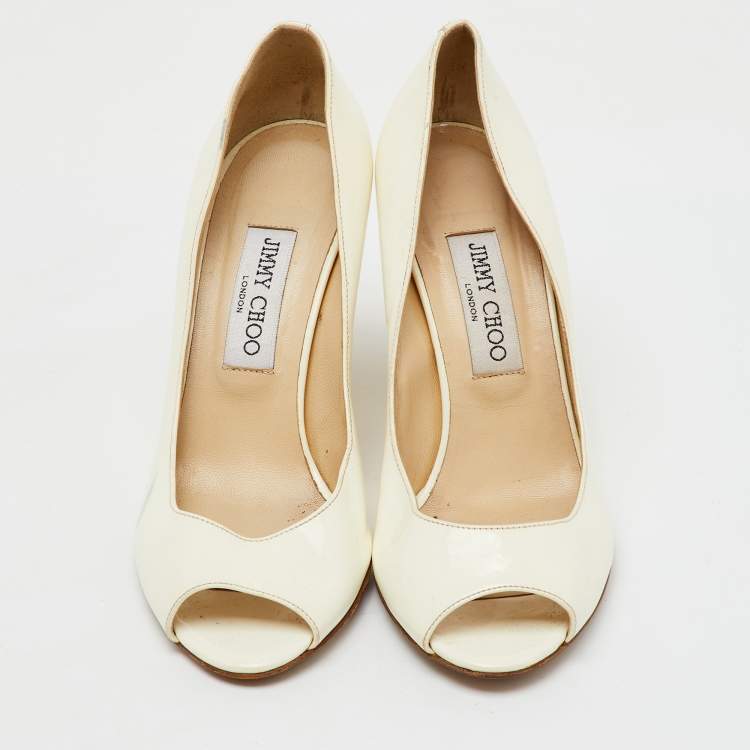 Pre Owned Jimmy Choo Off White Patent Leather Peep Toe Wedge Pumps Size 38.5