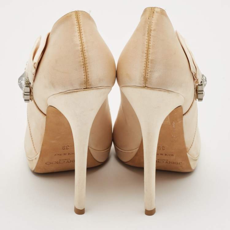 Pre Owned Jimmy Choo Beige Satin Crystal Embellished Platform Pumps Size 39