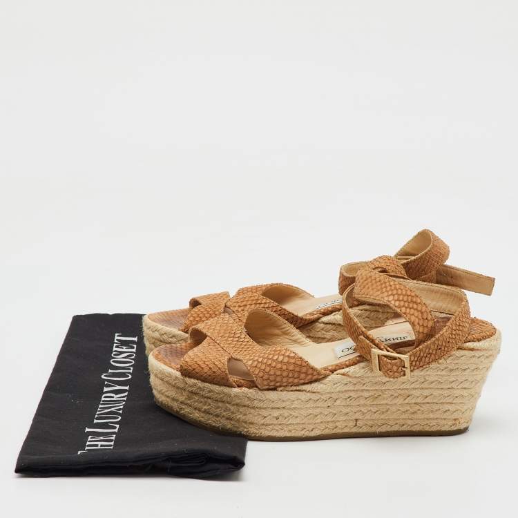 Pre Owned Jimmy Choo Brown Snakeskin Embossed Leather Platform Wedge Espadrille Sandals Size 36.5