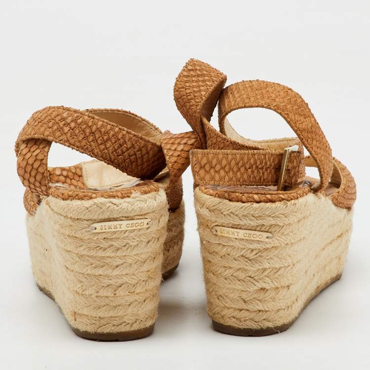 Pre Owned Jimmy Choo Brown Snakeskin Embossed Leather Platform Wedge Espadrille Sandals Size 36.5