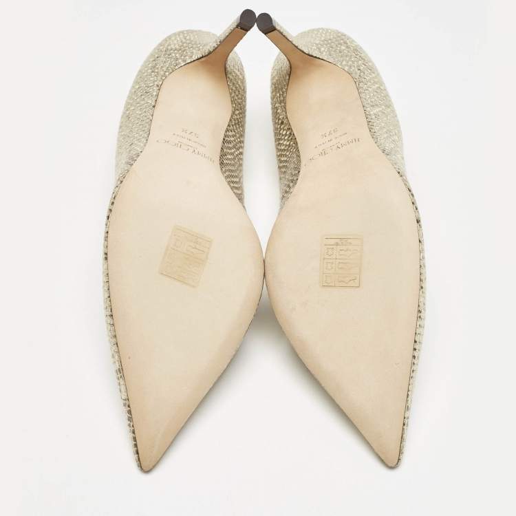 Pre Owned Jimmy Choo Gold Snakeskin Embossed Patent Leather Romy Pumps Size 37.5