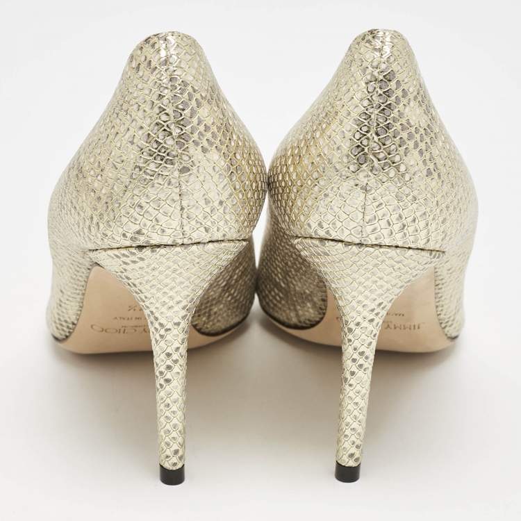 Pre Owned Jimmy Choo Gold Snakeskin Embossed Patent Leather Romy Pumps Size 37.5