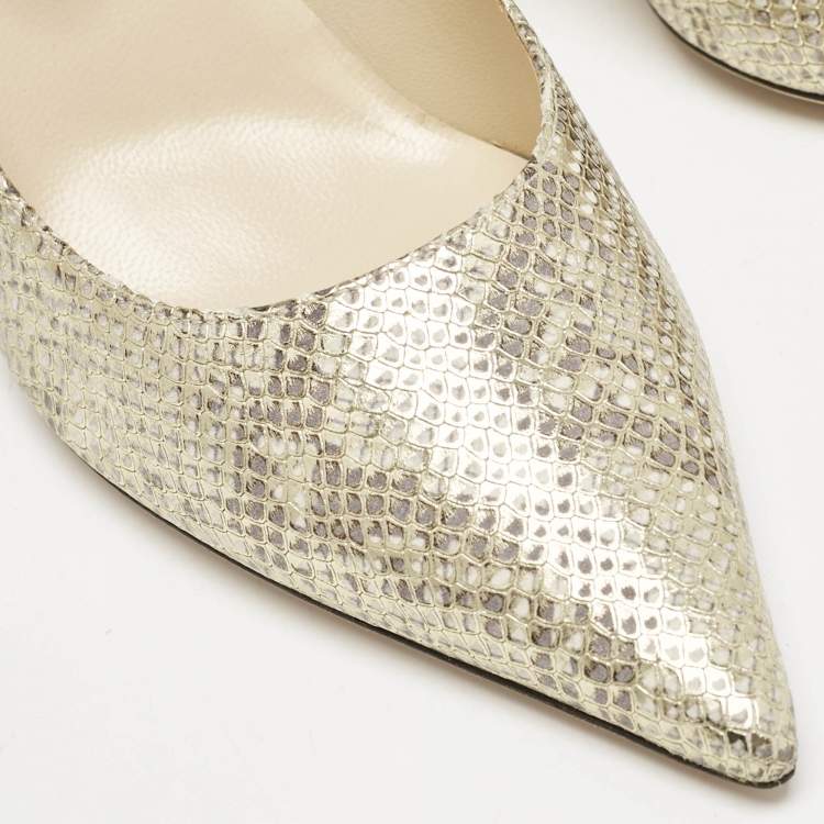 Pre Owned Jimmy Choo Gold Snakeskin Embossed Patent Leather Romy Pumps Size 37.5