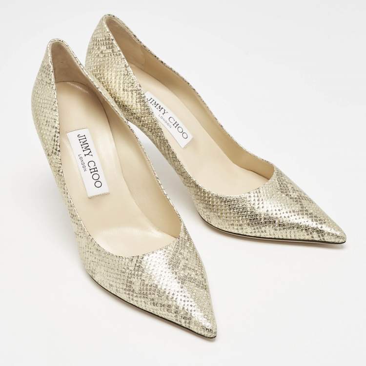 Pre Owned Jimmy Choo Gold Snakeskin Embossed Patent Leather Romy Pumps Size 37.5