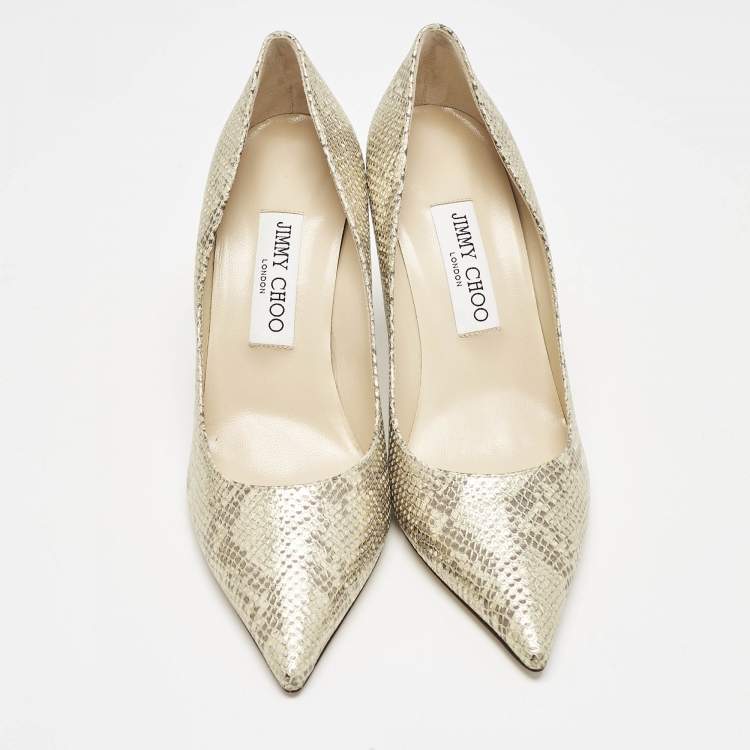 Pre Owned Jimmy Choo Gold Snakeskin Embossed Patent Leather Romy Pumps Size 37.5