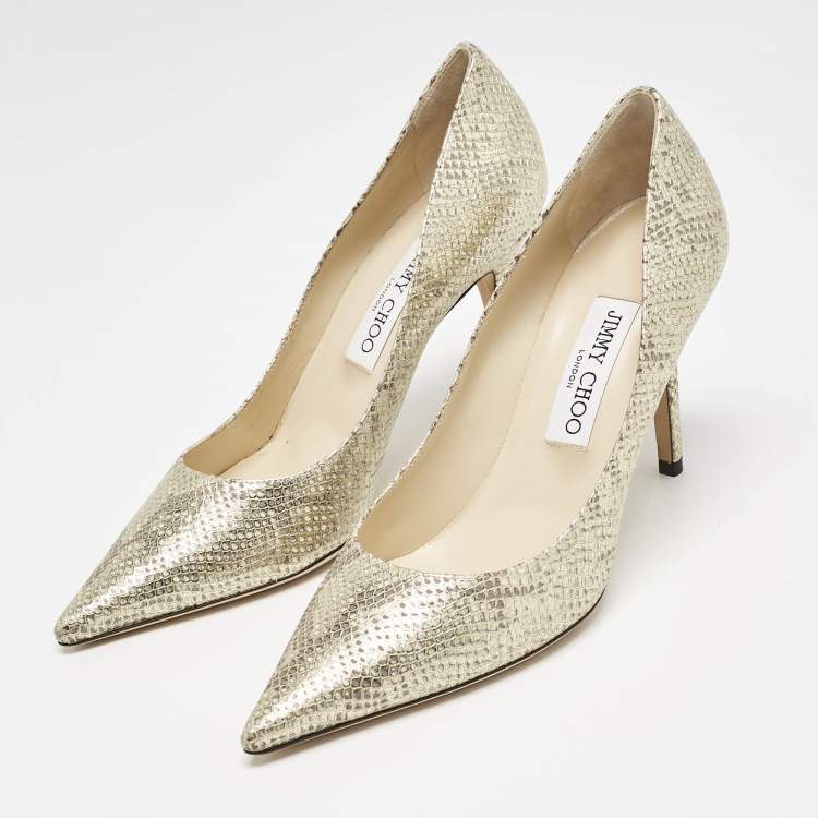 Pre Owned Jimmy Choo Gold Snakeskin Embossed Patent Leather Romy Pumps Size 37.5