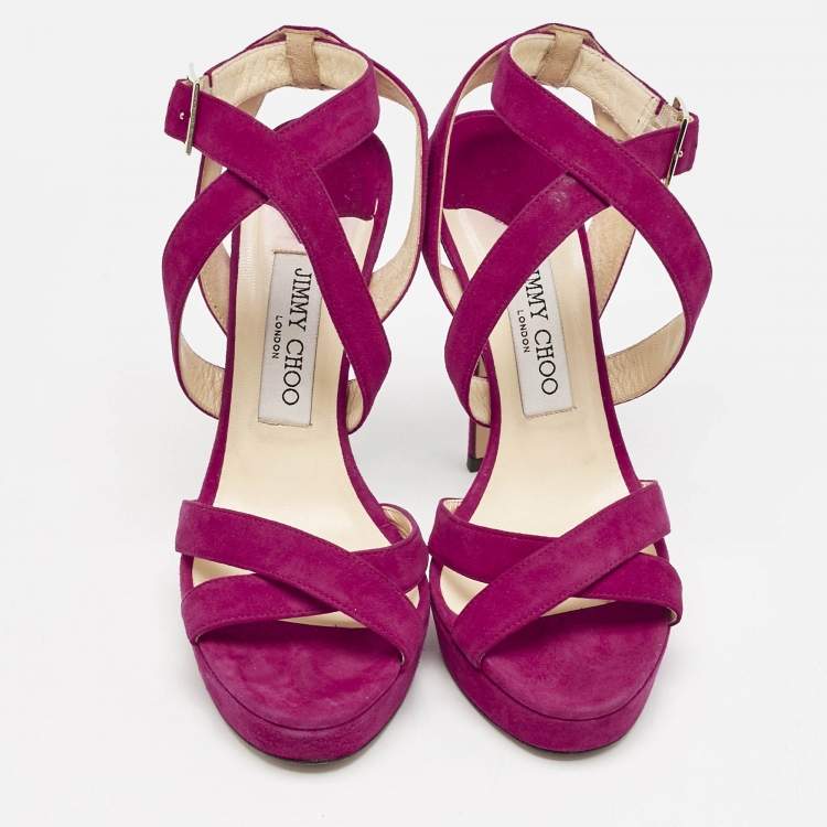 Pre Owned Jimmy Choo Fuchsia Suede Vamp Platform Sandals Size 37