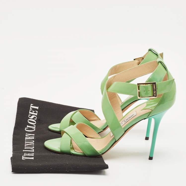 Pre Owned Jimmy Choo Green Patent Leather Louise Ankle Strap Sandals Size 37