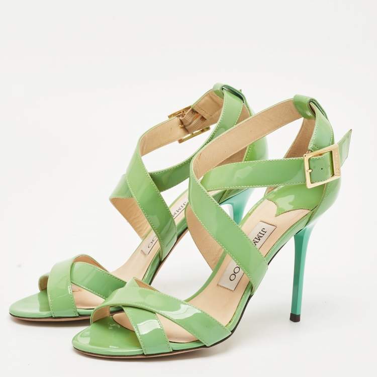 Pre Owned Jimmy Choo Green Patent Leather Louise Ankle Strap Sandals Size 37