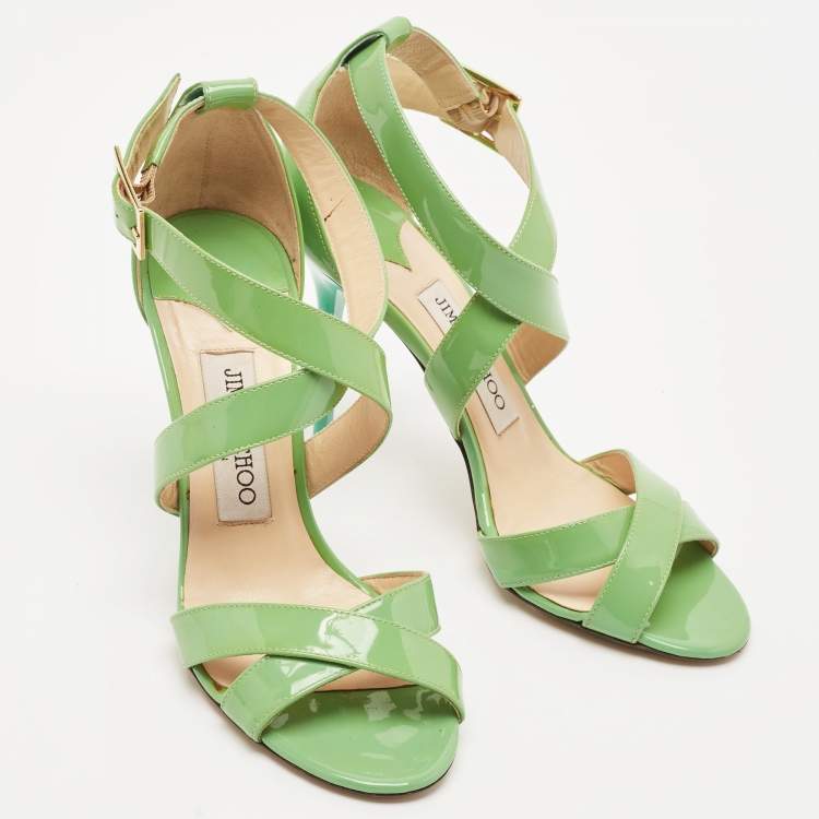 Pre Owned Jimmy Choo Green Patent Leather Louise Ankle Strap Sandals Size 37