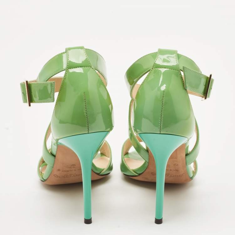 Pre Owned Jimmy Choo Green Patent Leather Louise Ankle Strap Sandals Size 37