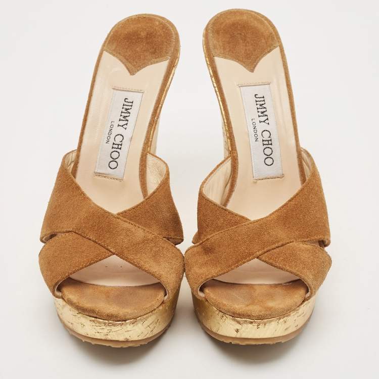 Pre Owned Jimmy Choo Brown Suede  Criss Cross Cork Wedge Slide Sandals Size 36.5