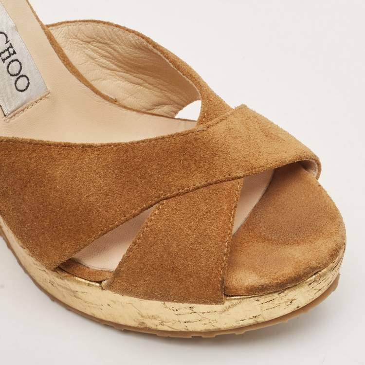 Pre Owned Jimmy Choo Brown Suede  Criss Cross Cork Wedge Slide Sandals Size 36.5