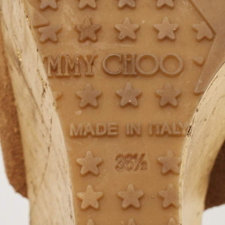 Pre Owned Jimmy Choo Brown Suede  Criss Cross Cork Wedge Slide Sandals Size 36.5