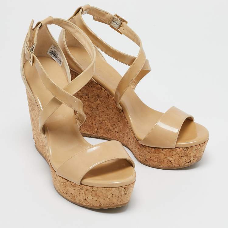 Pre Owned Jimmy Choo Beige Patent Leather Portia Wedge Sandals Size 40.5