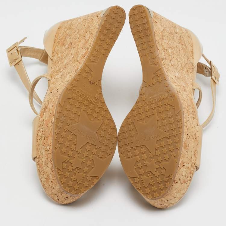 Pre Owned Jimmy Choo Beige Patent Leather Portia Wedge Sandals Size 40.5