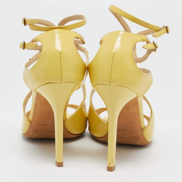Pre Owned Jimmy Choo Yellow Patent Leather Ivette Ankle Strap Sandals Size 36