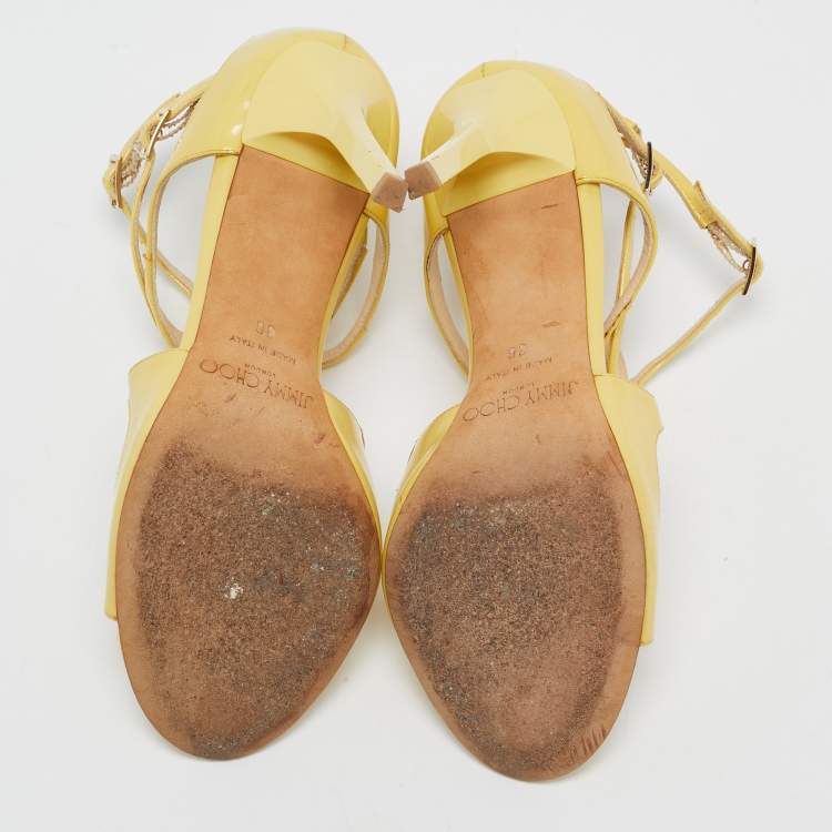 Pre Owned Jimmy Choo Yellow Patent Leather Ivette Ankle Strap Sandals Size 36