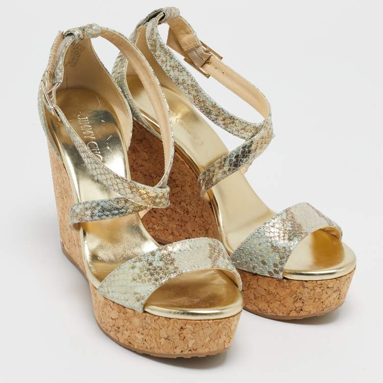 Pre Owned Jimmy Choo Multicolor Python Embossed Leather Lucia Cross Strap Cork Wedge Sandals Size 40