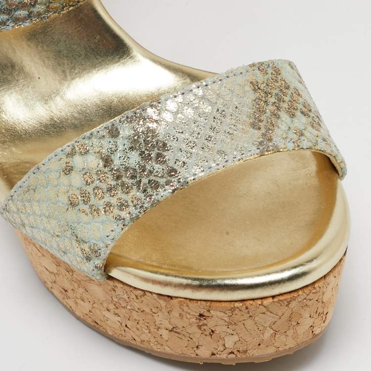 Pre Owned Jimmy Choo Multicolor Python Embossed Leather Lucia Cross Strap Cork Wedge Sandals Size 40