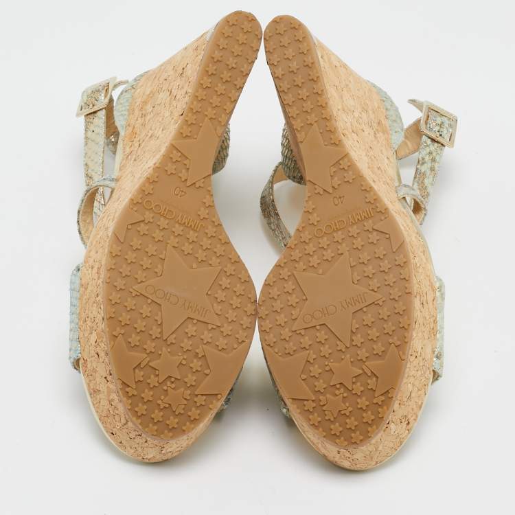 Pre Owned Jimmy Choo Multicolor Python Embossed Leather Lucia Cross Strap Cork Wedge Sandals Size 40