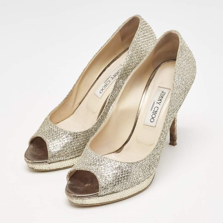 Pre Owned Jimmy Choo Gold Glitter Luna Peep Toe Pumps Size 40