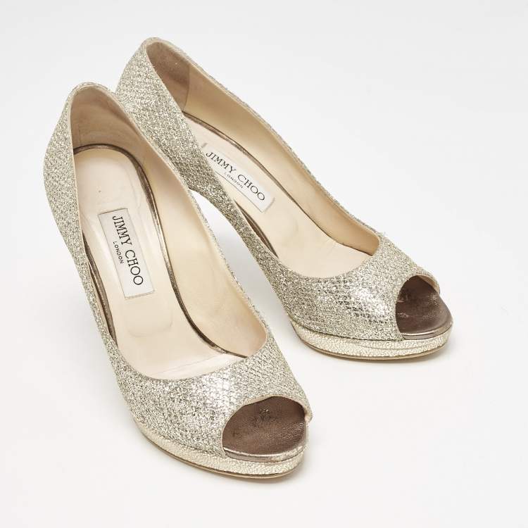 Pre Owned Jimmy Choo Gold Glitter Luna Peep Toe Pumps Size 40