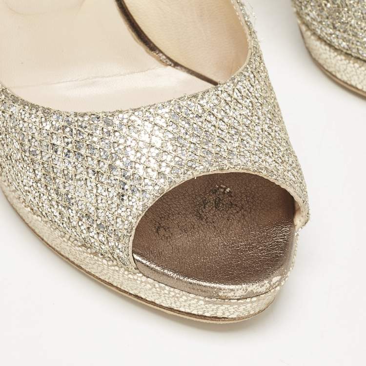 Pre Owned Jimmy Choo Gold Glitter Luna Peep Toe Pumps Size 40