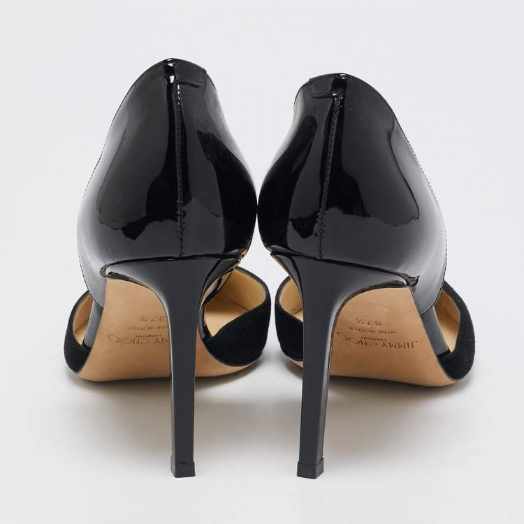 Pre Owned Jimmy Choo Black Suede And Patent Leather Addison Pointed Toe Pumps Size 37.5