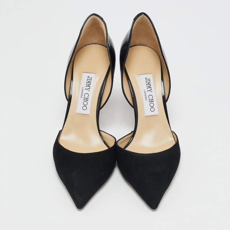 Pre Owned Jimmy Choo Black Suede And Patent Leather Addison Pointed Toe Pumps Size 37.5