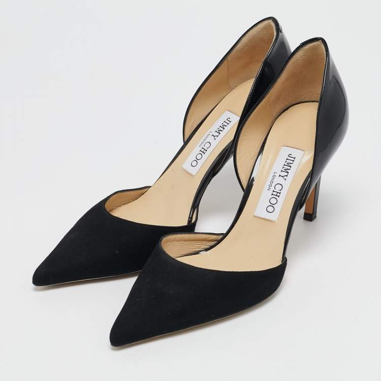 Pre Owned Jimmy Choo Black Suede And Patent Leather Addison Pointed Toe Pumps Size 37.5