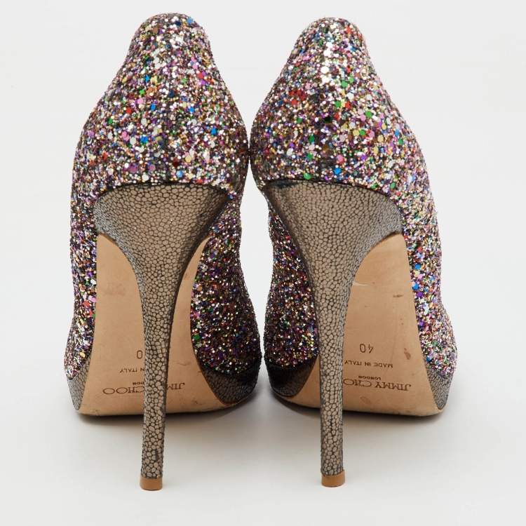 Pre Owned Jimmy Choo Metallic Multicolor Coarse Glitter Crown Peep Toe Platform Pumps Size 40