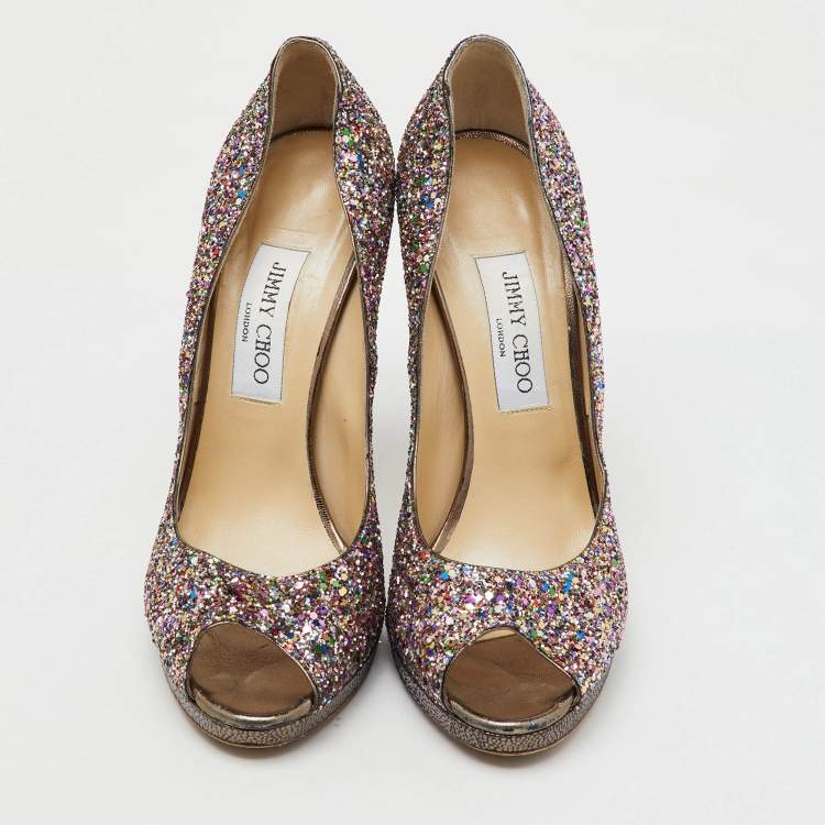 Pre Owned Jimmy Choo Metallic Multicolor Coarse Glitter Crown Peep Toe Platform Pumps Size 40