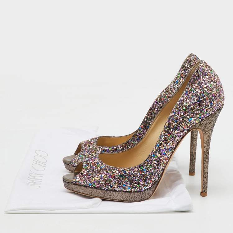 Pre Owned Jimmy Choo Metallic Multicolor Coarse Glitter Crown Peep Toe Platform Pumps Size 40
