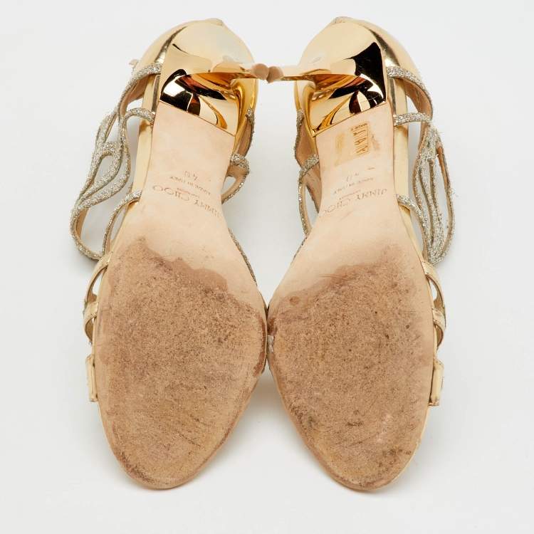 Pre Owned Jimmy Choo Metallic Gold Laminated Leather and Glitter Strappy Sandals Size 40