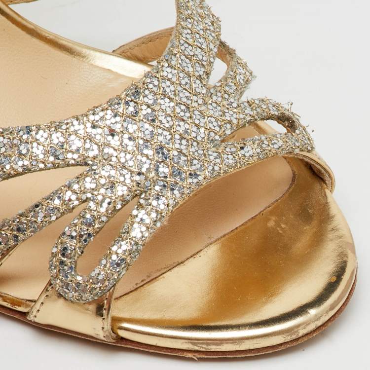 Pre Owned Jimmy Choo Metallic Gold Laminated Leather and Glitter Strappy Sandals Size 40