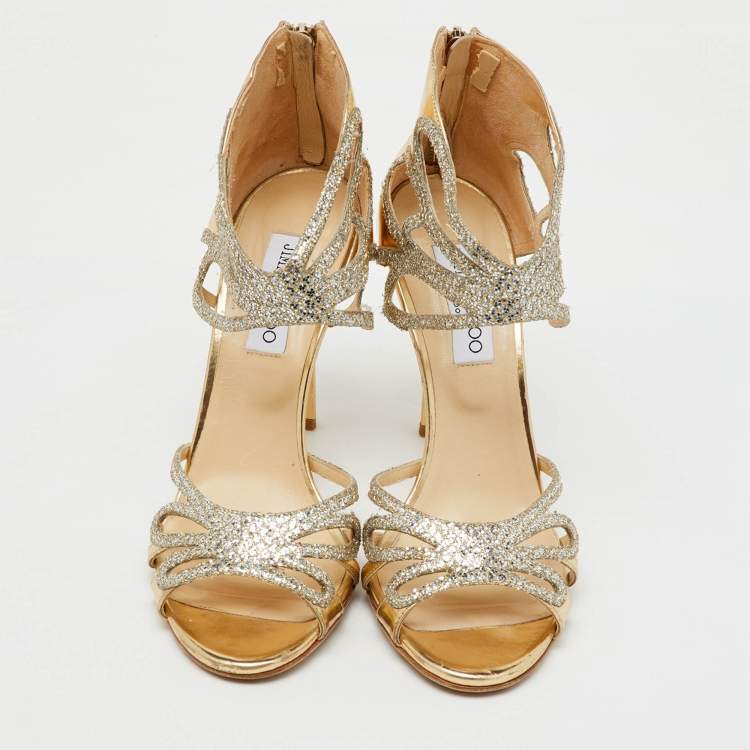 Pre Owned Jimmy Choo Metallic Gold Laminated Leather and Glitter Strappy Sandals Size 40