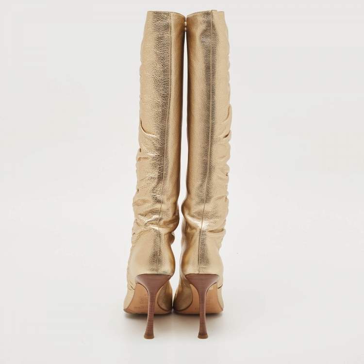 Pre Owned Jimmy Choo Gold Leather Scrunch Knee Length Boots Size 39