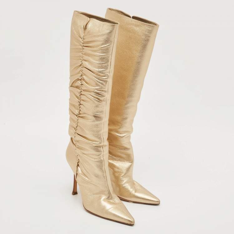 Pre Owned Jimmy Choo Gold Leather Scrunch Knee Length Boots Size 39