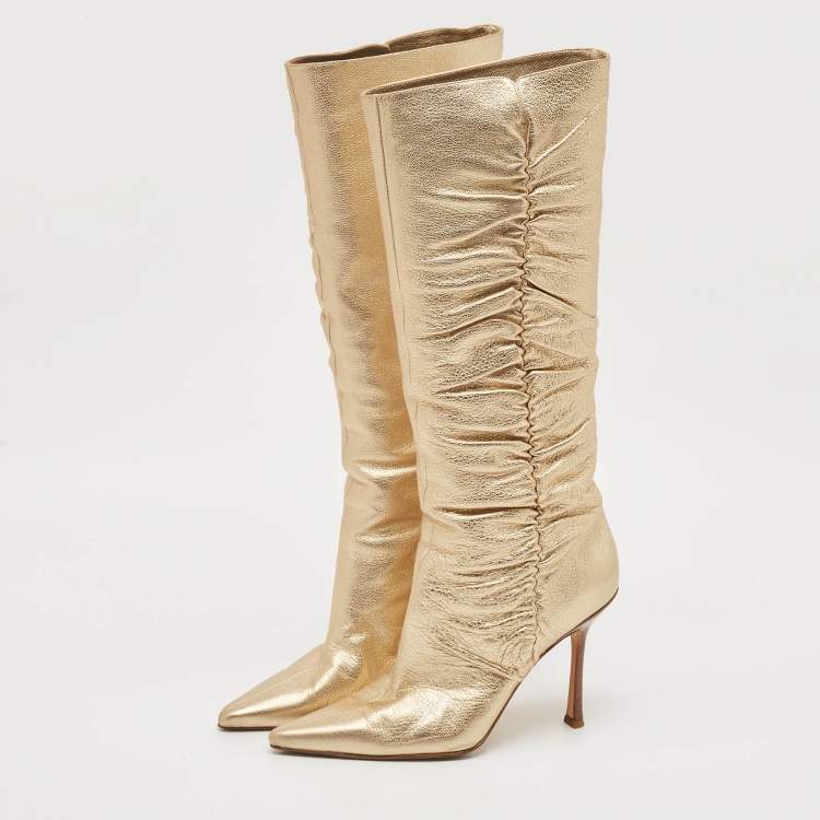 Pre Owned Jimmy Choo Gold Leather Scrunch Knee Length Boots Size 39