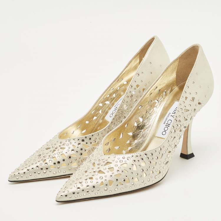Pre Owned Jimmy Choo Gold Perforated Suede Ziri Pumps Size 38.5