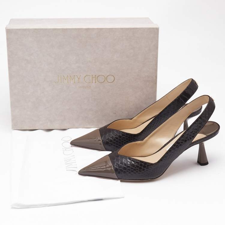 Pre Owned Jimmy Choo Brown Patent Leather and Snakeskin Embossed Leather Liya Pumps Size 40