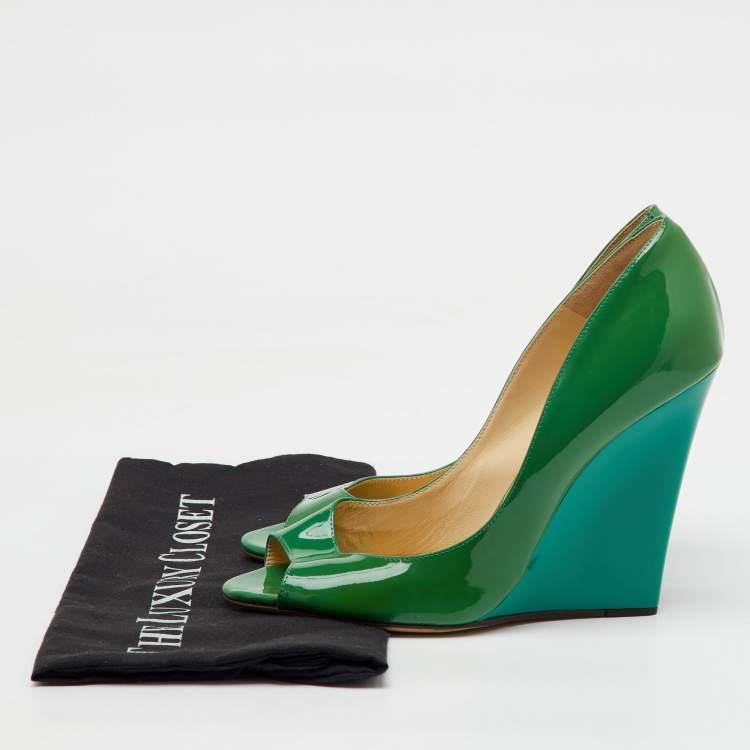 Pre Owned Jimmy Choo Green Patent Leather Peep Toe Wedge Pumps Size 40