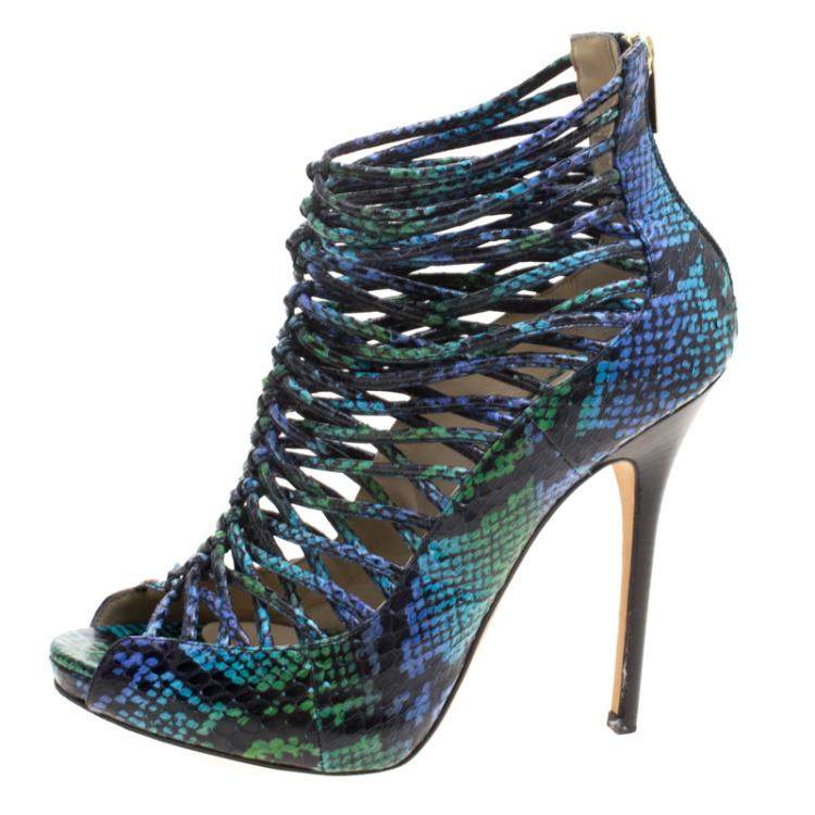 Pre Owned Jimmy Choo Two Tone Python Leather Quaker Elaphe Open Toe Sandals Size 39.5